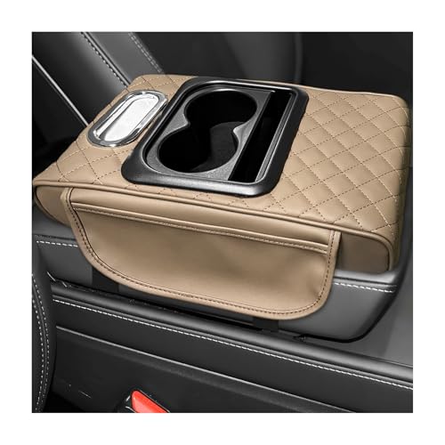 Car Center Console Armrest Pillow, 5-in-1 Armrest Cover with 2 Storage Bags Tissue Box Cup & Phone Holder, Comfy Arm Rest Cushion Leather Vehicle Middle Console Organizer (Beige, Embroidered) - color: Beige, Embroidered