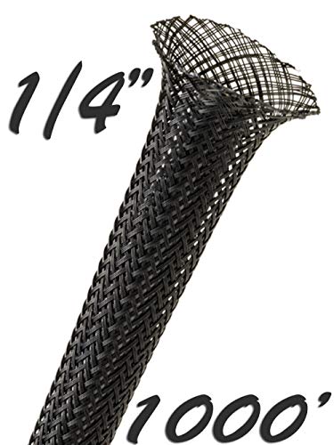 Electriduct 1/4" Black PET Expandable Braided Sleeving Cable Mesh Flexible Wire Sleeve - 1000 Feet - size: 0.25 Inch - 1000 Feet