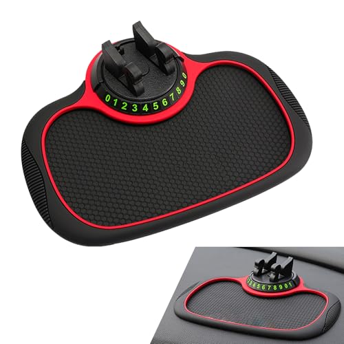Multifunctional 3-in-1 Car Anti-Slip Dashboard Mat, Extra Large Anti Skid Pad with 360°Rotating Phone Holder & Temporary Parking Number, Universal Dash Organizer for Phones Sunglasses (Black & Red)