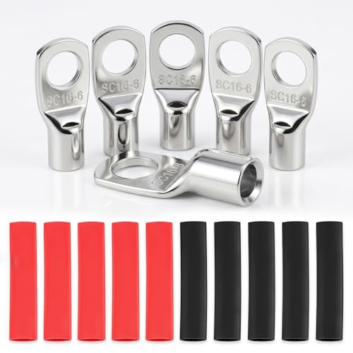 10PCS 6 Gauge Wire Connectors with Heat Shrink Tubing, Battery Terminal Ends, Tinned Copper Ring Terminals for 6 AWG - for Automotive, RV, Solar & Outdoor Power Equipment(SC16-6) - size: SC16-6