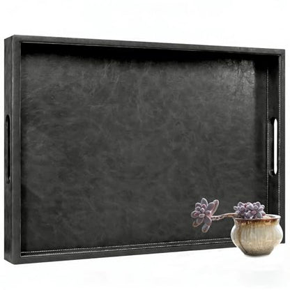 18 x 12 inches Leather Ottoman Serving Tray with Hole Handles, Rectangle Modern Service Tray for Living Room, Coffee Table, Bed, Tea, Food, Butler Countertop, Kitchen, Dinner, Picnic (Black) - color: Black, size: 18" x 12" x 2"