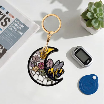 Bee Leather Keychain Case Holder,GPS Tacker With Keychain Ring,Stained Glass Style Access Card Scratch-Resistant,Finders Accessories For Pets, Luggage, Wallet, Backpacks - color: Bee