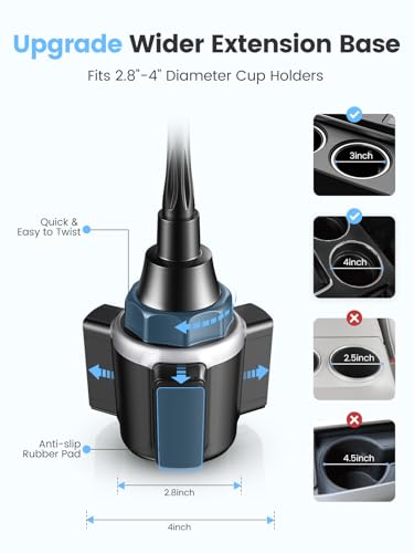 Car Phone Holder, Dual 360° Rotate Gooseneck Cup Holder Phone Mount for Car, Flexible Cell Phone Holder Car Compatible with iPhone 16 Pro Max/15/14/13/12/11, S25/S24/S23/S22, 4”-7” Phone