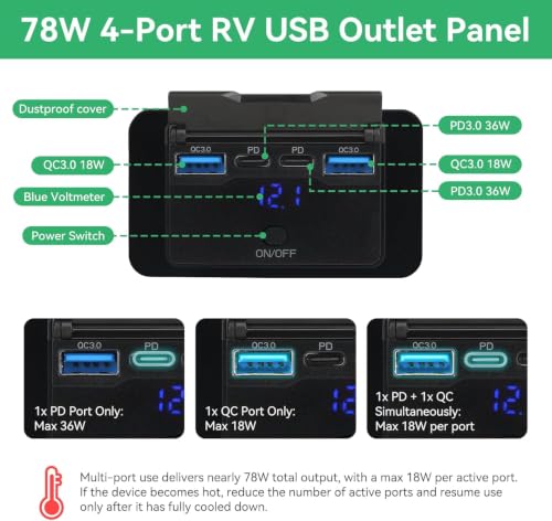 78W 12V USB Outlet, Dual PD 36W and Dual QC3.0, Voltmeter, Switch - size: Pack of 1 with 4 Port / 78W