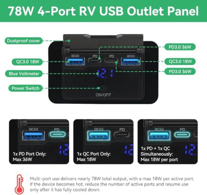 78W 12V USB Outlet, Dual PD 36W and Dual QC3.0, Voltmeter, Switch - size: Pack of 1 with 4 Port / 78W