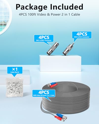 OOSSXX 4 Pack 30M/100ft All-in-One BNC Extension Video Power Cables - size: G-100Feet x 4