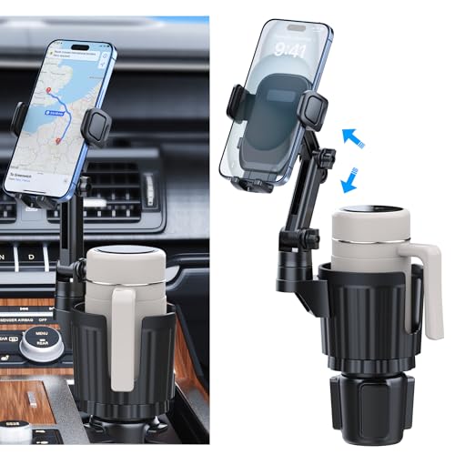 Cup Holder Phone Mount, 2 in 1 Universal Cup Holder Expander with Long Arm 360°Rotation Cup Phone Holder for Car Fits All 4-7” iPhone Galaxy Smartphones and Most Truck Bottles