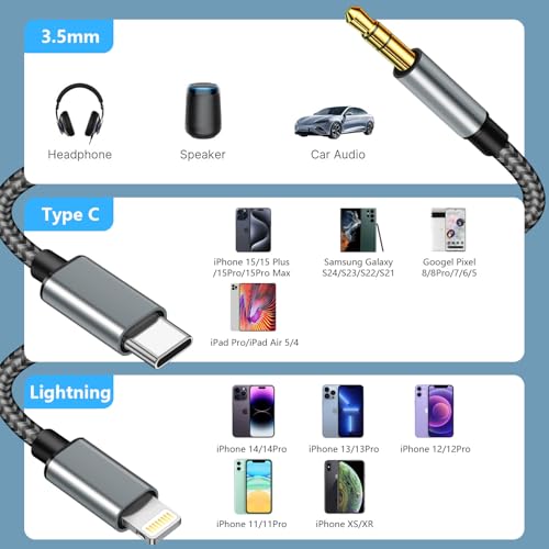 2 in 1 Aux Audio Cable, USB C to 3.5mm Aux Audio Cable, Lightning to 3.5mm Audio Cable Fit with iPhone 16/15/14/13/12/11/XR, Galaxy S24/S23/S22/S21, Pixel 9/8/7/6/5, iPad to Car Stereo Speaker 4FT