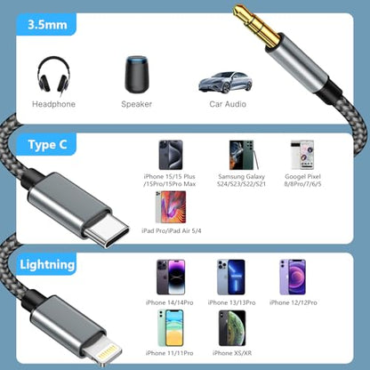 2 in 1 Aux Audio Cable, USB C to 3.5mm Aux Audio Cable, Lightning to 3.5mm Audio Cable Fit with iPhone 16/15/14/13/12/11/XR, Galaxy S24/S23/S22/S21, Pixel 9/8/7/6/5, iPad to Car Stereo Speaker 4FT