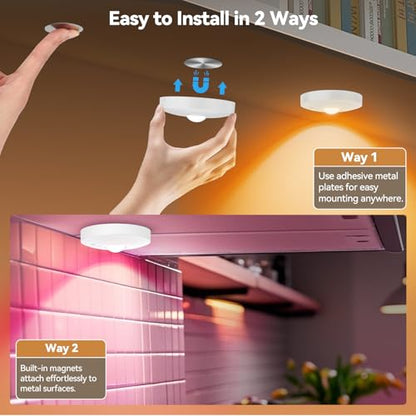Rechargeable Puck Lights with Remote, 3 Pack Magnetic Under Cabinet Lighting, 1500mAh Battery Operated LED Tap Lights with Dimmer & Timmer for Kitchen, Closet, Shelf - 3 Color Temps & 12 RGB, White - color: White
