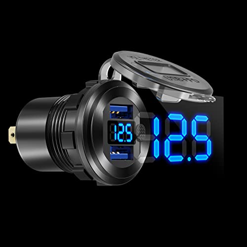 12V/24V USB Outlet Quick Charge 3.0 Dual Port Car Charger Socket with Blue Voltmeter, Waterproof Aluminum Cigarette Lighter USB Charger DIY Kit for Car Marine Motorcycle RV Boat Golf Cart, etc.