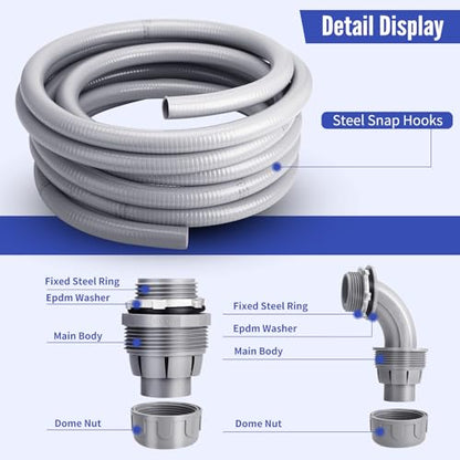 Liquid Tight Conduit 3/4inch 100FT,Flexible Non-Metallic Liquid Tight Flex Electrical Conduit and Connector Kit with 5 Straight and 3 90-Degree Conduit Connector Fittings - size: 3/4inch 100FT