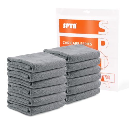 SPTA Microfiber Cleaning Cloth, Car Wash Towels, Terry Streak Free Reusable and Washable Premium Microfiber Towels for Cars, Pack of 12, 16"x16", Grey-MT041