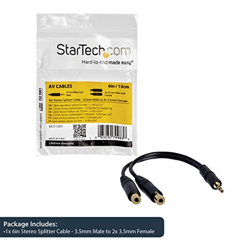 StarTech.com 6 in. 3.5mm Audio Splitter Cable - Stereo Splitter Cable - Gold Terminals - 3.5mm Male to 2x 3.5mm Female - Headphone Splitter (MUY1MFF),Black - size: Standard Cable, style: Black