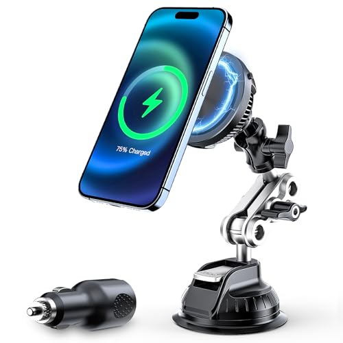 This Hill 15W Magnetic Wireless Car Charger Mount, Compatible with MagSafe, Phone Holder with 360° Suction Cup & Aluminum Alloy Telescopic Arm Compatible with iPhone 12-17 Series