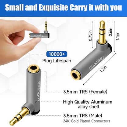 Right Angle 3.5mm 1/8" Audio Adapter 2-Pack, 90 Degree 3.5mm 1/8 Inch TRS Male to Female Stereo Jack Plug AUX Gold-Plated Connector Compatible with Headset, Tablets, MP3 Players, Speakers - color: 3.5mm TRS Male to Female, size: 2 Pack