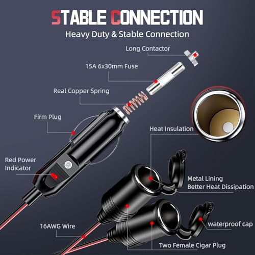 DC 12V/24V 1 to 2 Car Cigarette Lighter Splitter 13FT 16AWG 240W - size: 13FT