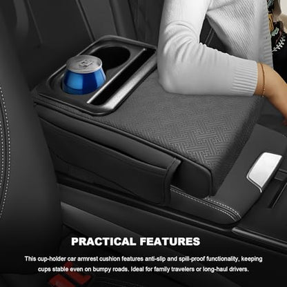 Sun Walker Car Middle Console Cover with Cup Holder, 3.1" Height-Lifts Comfortable Leather Armrest Pad with 2 Pockets, Scratch-Resistant Center Console Cushion for Long Driving (Style B) - color: Style B