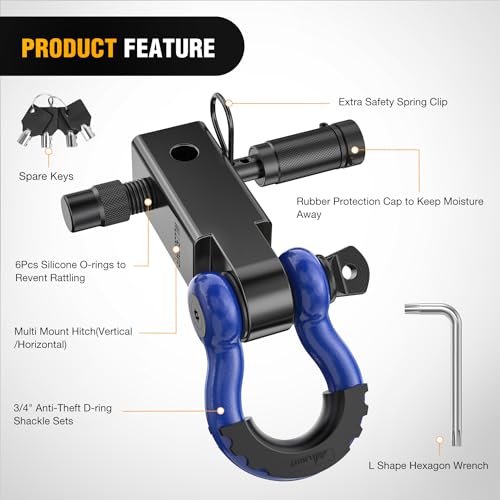 Nilight 3/4" Anti-Theft D Ring Shackle Hitch Receiver 2" Solid Towing Kit | 45000 LBs Breaking Strength 5/8" Trailer Hitch Lock Pin Heavy Duty Solid Towing Kit for Trucks Off Road Blue&Black - color: Hitch w/ Lock Pin Black Blue