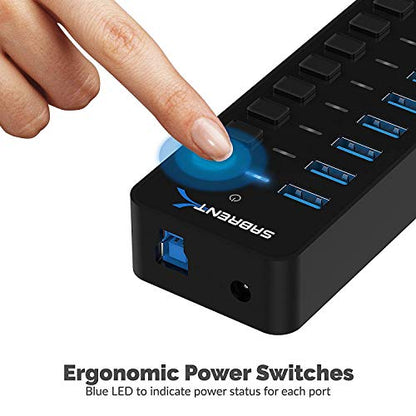 SABRENT 10-Port 60W Powered USB 3.0 Hub, Power Switches & LEDs (HB-BU10) - size: 10-Port - 10 USB 3.0