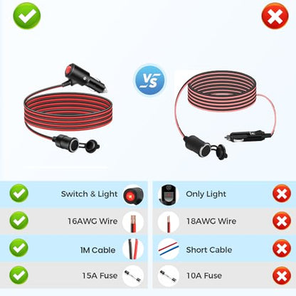 3.3Ft/1M Cigarette Lighter Extension Cord with On Off Switch 12V/24V Male to Female Socket 16AWG Heavy Duty Extension Cable - size: 1m/3.3ft