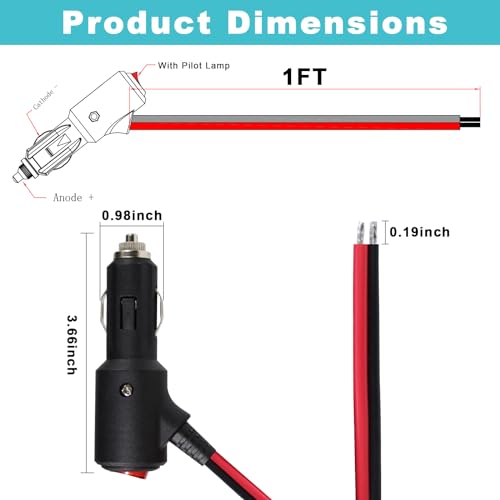 12Volt Replacement Cigarette Lighter Male Plug with On Off Switch - 1FT 12V Fused 15amp Cigarette Male Plug with 16gauge Leads, 12V DC Car Plug Replacement for Car Cooler,Cb Radio, Air Compressor - size: 1FT