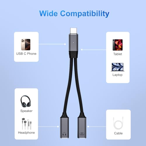 USB C Splitter，2 in 1 USB C Headphone and Charger Adapter Audio Dongle Cable with PD 100W for iPhone 16 15 Pro Max, Pixel 9 8 7, Galaxy S24 S23 S22, iPad Pro