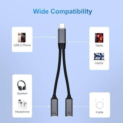 USB C Splitter，2 in 1 USB C Headphone and Charger Adapter Audio Dongle Cable with PD 100W for iPhone 16 15 Pro Max, Pixel 9 8 7, Galaxy S24 S23 S22, iPad Pro