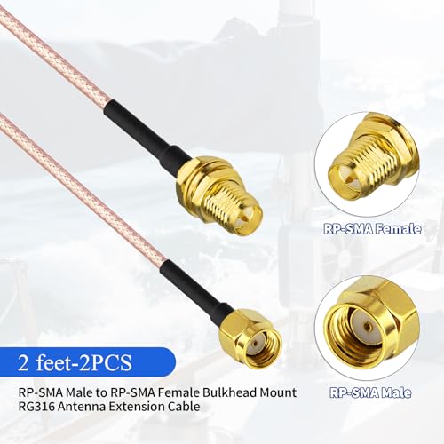 Yuslao WiFi Antenna Extension Cable 2ft 60cm RP-SMA Male to RP-SMA Female Low Loss RG316 Coax Cable (2-Pack) Compatible with WiFi Router USB Adapter Security IP Security Camera PCIE Network Card Modem - size: 2ft / 60cm (2-Pack)