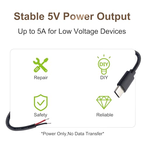 USB-C Power Pigtail to Bare Wire 20AWG 5V 5A Cable 1M 3.3FT 2 Pack