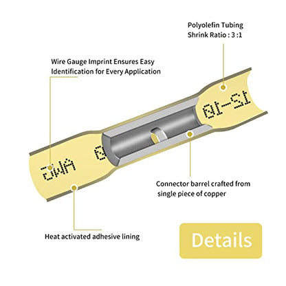 12-10 AWG Heat Shrink Butt Connectors, 250Pcs Yellow Waterproof Crimp Electrical Wire Connectors Splice Marine Automotive Cable Wiring Terminals - size: AWG 12-10 [250PCS]