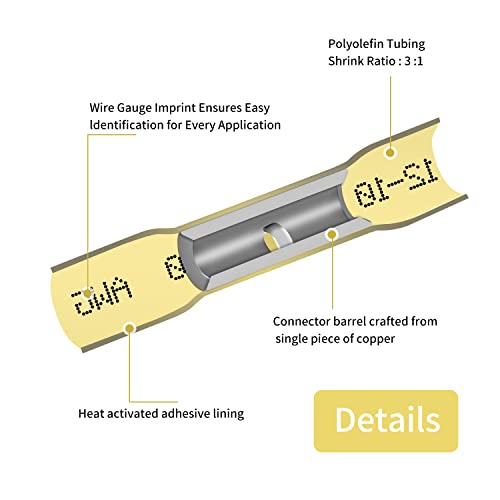 12-10 AWG Heat Shrink Butt Connectors, 250Pcs Yellow Waterproof Crimp Electrical Wire Connectors Splice Marine Automotive Cable Wiring Terminals - size: AWG 12-10 [250PCS]