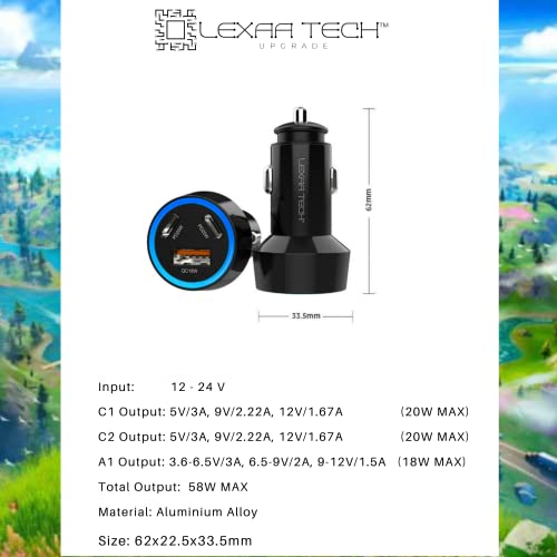 USB C Car Charger Fast Charging - LEXAA TECH 58W USB Car Charger Adapter Dual Port PD&QC 3.0 Compatible with iPhone 16 15 14 13 12 Pro Max X XR XS Samsung Galaxy Note 20/10 S24/S23/22/21 Google