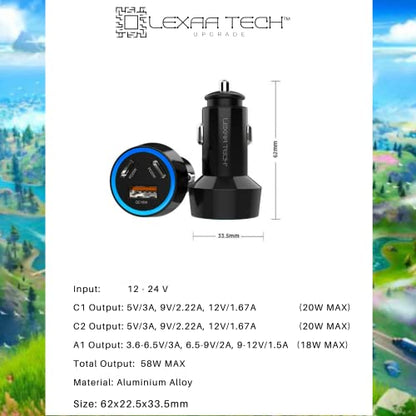 USB C Car Charger Fast Charging - LEXAA TECH 58W USB Car Charger Adapter Dual Port PD&QC 3.0 Compatible with iPhone 16 15 14 13 12 Pro Max X XR XS Samsung Galaxy Note 20/10 S24/S23/22/21 Google