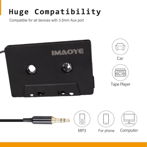 Yoidesu Car Cassette to AUX Adapter, Universal 4 Channel Output Cassette Tape Converter with 3.5mm Type C Auxiliary Cable, for Smartphones MP3 Players Car Stereos