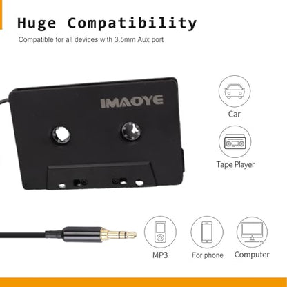 Yoidesu Car Cassette to AUX Adapter, Universal 4 Channel Output Cassette Tape Converter with 3.5mm Type C Auxiliary Cable, for Smartphones MP3 Players Car Stereos