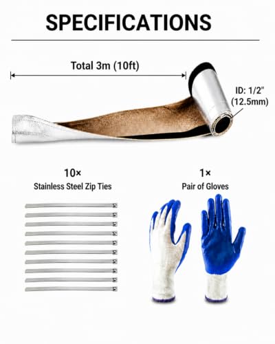 1/2" I.D. x 10FT Silver Aluminized Heat Shroud Sleeve, Wire Heat Shield Sleeve for Fuel Line, Brake Cables & High Temp Thermal Barrier Kit with 10 Pcs Stainless Steel Zip Ties & 1 Pair Gloves - size: 1/2''I.D. - 10FT