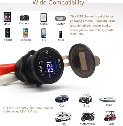 2 Pack 12V USB Outlet, QC3.0 & PD Dual Car Charger with Voltmeter & Switch - color: 2PD+1QC