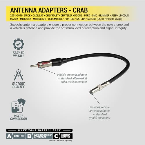 Scosche CRAB Antenna Adapter for Aftermarket Car Stereo Compatible with Select 2001-19 Import and Domestic Vehicles - Radio Antenna Adapter - Car Audio Harness - See Guide Images for Vehicle Fit - style: Antenna Adapter Only