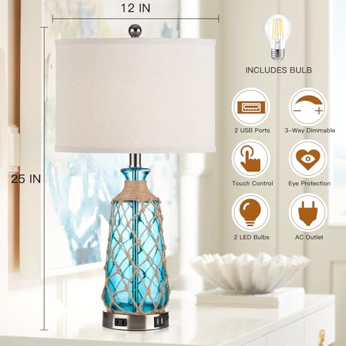 Ruzectt Coastal Glass Table Lamps, 3-Way Dimmable Touch Control Bedside Lamps with 2 USB Ports and AC Outlet, Teal Nautical Nightstand Lamps for Bedroom Living Room (LED Bulbs Included) - color: Teal 1P