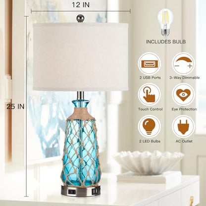 Ruzectt Coastal Glass Table Lamps, 3-Way Dimmable Touch Control Bedside Lamps with 2 USB Ports and AC Outlet, Teal Nautical Nightstand Lamps for Bedroom Living Room (LED Bulbs Included) - color: Teal 1P
