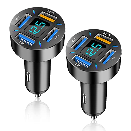 Car Charger 66W Super Fast Charging with USB 2.4A&QC 3.0(Voltmeter&LED Lights) Universal Quick Charge for 12-24V Car Cigarette Lighter Plug,Compatible with iPhone 14 13 12,S22 (2Pcs-Black-QC/2.4A) - color: 2Pcs-Black-QC/2.4A