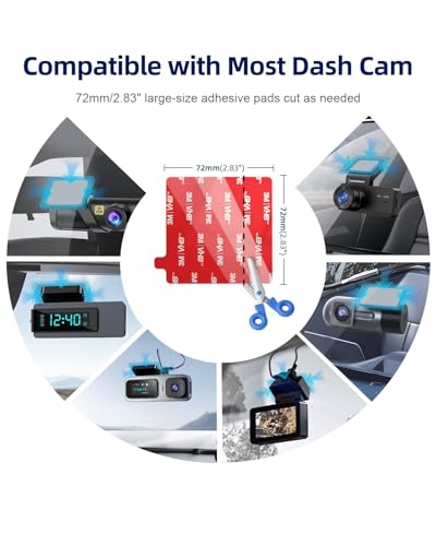 Double Sided Adhesive Sticky Pads for Dash Cam 4PCS, 2.83" Square & 2.2" Round Heat-Resistant Heavy Duty Mounting Tape Kit, Universal Car Windshield Sticker for GPS/DashCamera Suction Cup Mount