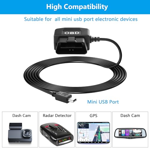 CERRXIAN OBD Power Cable for Dash Camera, OBD to Mini USB OBD Adapter Hardwire Charger Cable 24 Hours Surveillance/Acc Mode with Low Voltage Protection 12-24V to 5V 3A (11.5FT) (Straight mini USB)