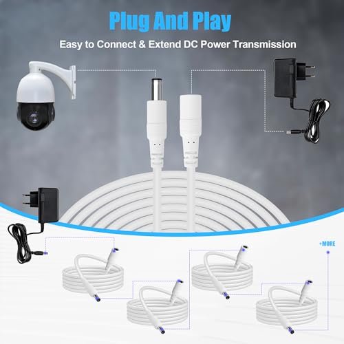 12V DC Power Extension Cable 10 Feet (2-Pack), 5.5 mm x 2.1 mm 5521 Male to Female 5V 9V 12V 24V Plug Supply Adapter Power Cord for CCTV Security Camera, IP Network, DVR Standalone, LED Strip, Router