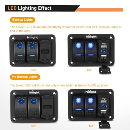 Nilight - 90116C 2 Gang Rocker Switch Panel with 4.8 Amp Dual USB Charger Voltmeter Waterproof 12V-24V DC Rocker Switch with Night Glow Stickers for CarsTrucks Boats RVs,Blue - color: Blue, size: 3 Gang Dual USB