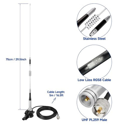 Bingfu Vehicle Mobile Ham Radio Antenna VHF UHF 136-174MHz 400-470MHz - color: Lip Mount Antenna Kit 29.5inch