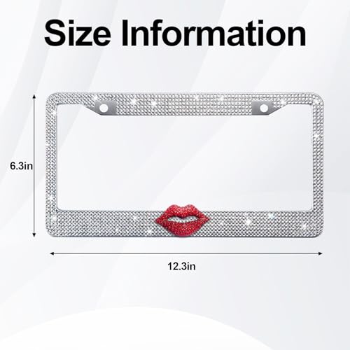 White Bling License Plate Frame for Women, Red Rhinestone Lips - color: White Frame + Red Lip