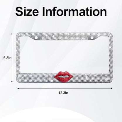 White Bling License Plate Frame for Women, Red Rhinestone Lips - color: White Frame + Red Lip