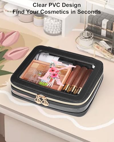 Relavel Personalized Initial Clear Makeup Bag, PU Leather Waterproof Travel Toiletry Bag with Zipper, Portable Skincare Pouch Car Organizer Bag, Idea Gifts for Women Girls, Black C - size: Medium, style: C